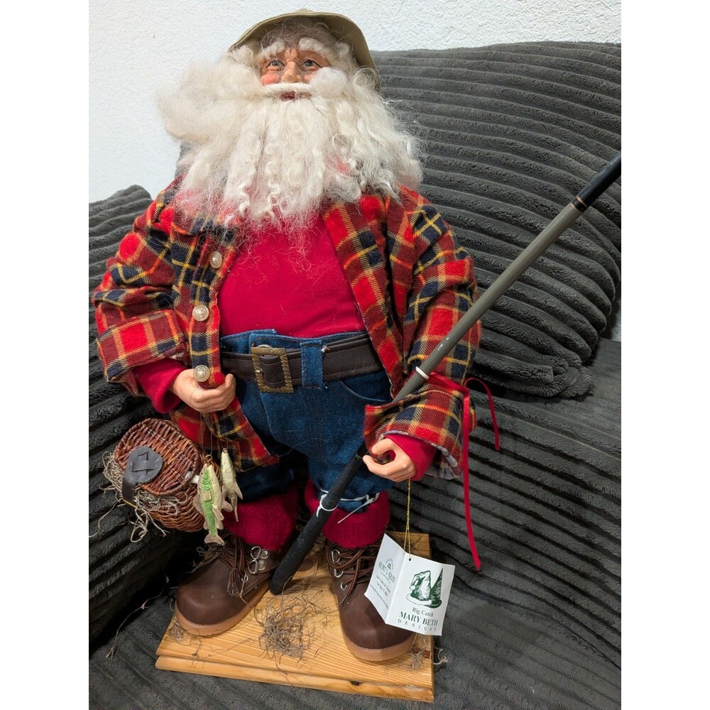 Mary Beth Designs Big Catch Fishing Santa 20.5" Figurine Doll Vintage Christmas